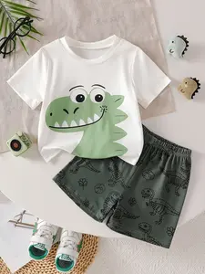 Baby boy clothing, baby boy outfits, baby boy summer white dinosaur print short sleeves + dark green dinosaur pattern shorts set, large dinosaur prints + full dinosaur element decorations, Valentine's Day gifts, suitable for kindergarten wear