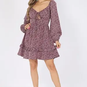 Dress Casual - Purple Floral Patterned Dress with Long Sleeves and Ruffled Details