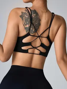 Solid Color Crisscross Back Cutout Athletic Fitted Sports Bra for Women - Breathable Comfort Active & Loungewear Top, Hollow Back Activewear, Women's Sportswear, Workout Bras, Ideal for Indoor & Outdoor Use