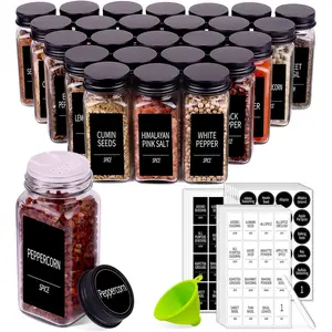 25 Spice Jars with 547 Labels- Glass Spice Jars with Black Metal Caps, 4oz Empty Spice Containers with Shaker Lids, Funnel, Chalk Pen, Square Seasoning Bottles for Spice Rack, Drawer, Cabinet
