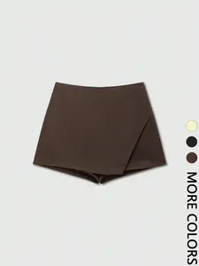 Women's 1pc Asymmetrical Wrap-Waist Tailored Shorts, Fitted , Structured Fabric & Back Flap Pockets & Invisible Side Zipper Design, Womenswear