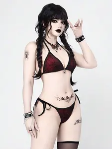 LUSHY Summer Beach Women's Spider Web Cutout Bikini Set, Sexy Black and Red Avant-Garde Gothic Swimwear, High Waist Vacation Outfit