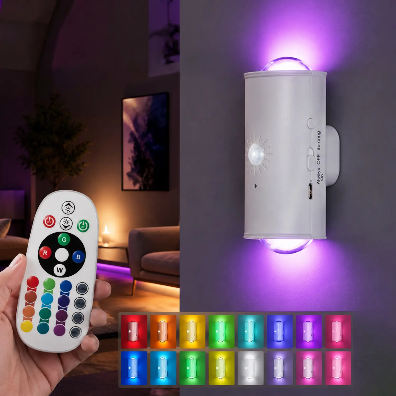 Rechargeable Motion Sensor Wall Light with Remote, Colors Adjustable RGB Ligght, Dimmable USB-C LED Night Light, Magnetic Cordless Lamp for Bedroom, Stairs, Hallway, Closet, Garage & Entryway, Led Lights Bedroom, Lights For Bedroom