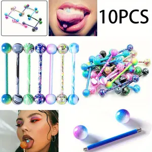 10PCS Colorful Nipple Piercing Jewelry Set Women Vibrant Stainless Steel Ball Barbell Tongue Rings Round Double Balls Barbell Nipple Piercing Body Jewelry Set