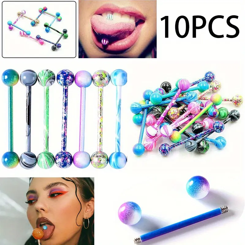 10PCS Colorful Nipple Piercing Jewelry Set Women Vibrant Stainless Steel Ball Barbell Tongue Rings Round Double Balls Barbell Nipple Piercing Body Jewelry Set