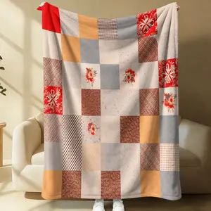 Country Patchwork Floral Print Flannel Throw Blanket, Vintage Quilt Style Blanket for Summer Air Conditioner Room, Multi-use Lightweight Cozy Blanket for Bed Sofa Cover Office Nap Car Camping Travel