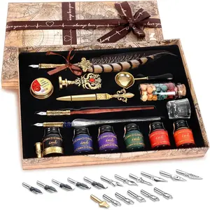 Quill Pen Ink Set,iludes quill pen,wooden And glass dip pen,6 bottles ink,8 letter paper,1 envelope,17 Replaceable Nibs,1 bottle of fire lacquer wax,spoon,Seal ,candle,pen holder, Cup.