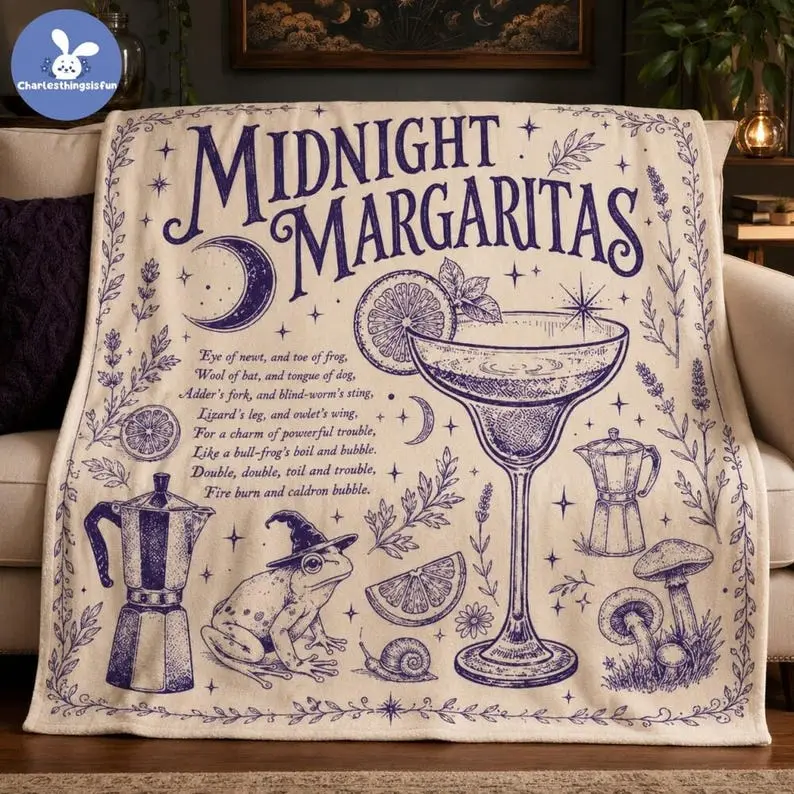 Vintage Midnight Margaritas Fleece Blanket, Retro Halloween Movie Throw, Spooky Season Blanket, Witchy Cozy Home Decor, Girls Night Gift