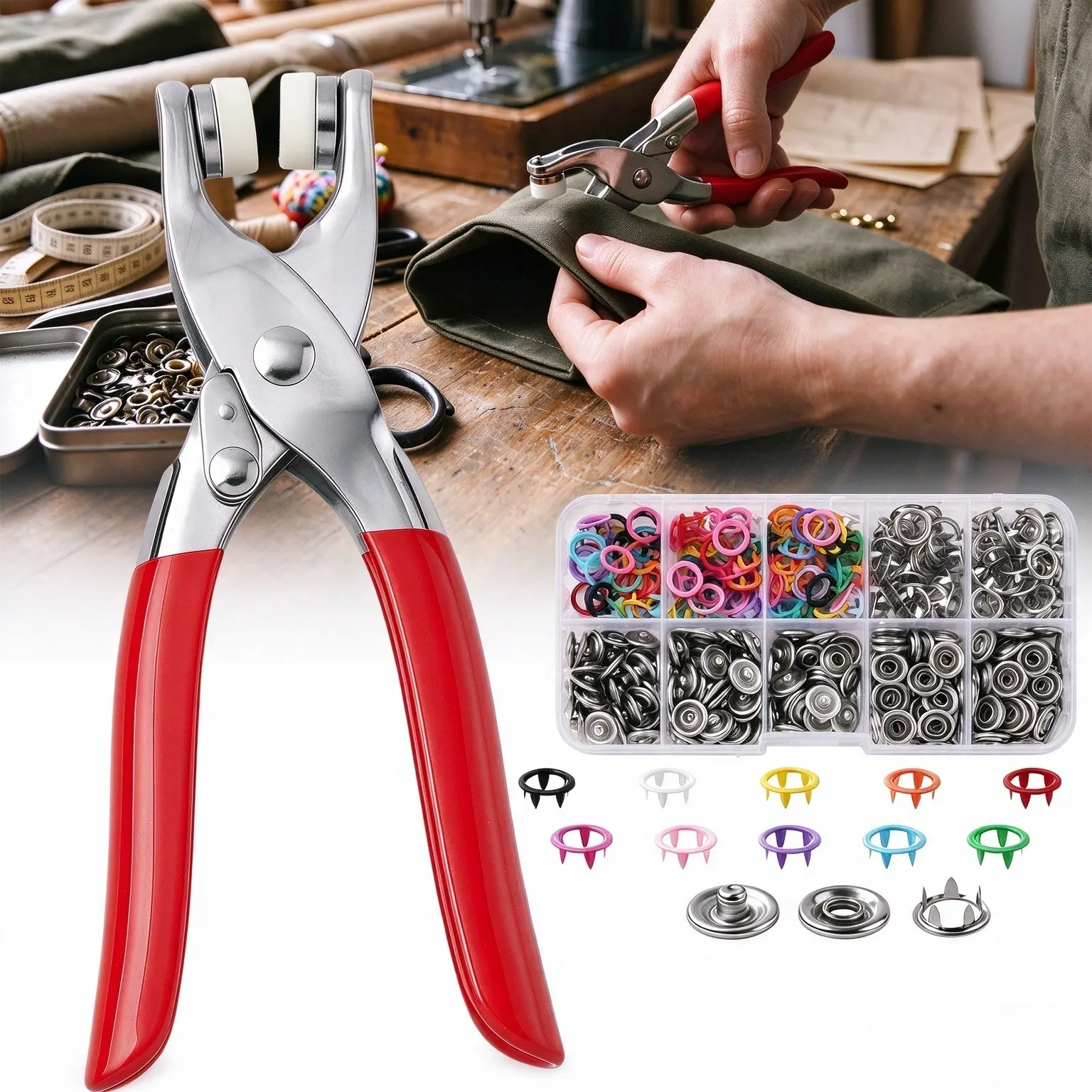 100Pcs Colorful Metal Snap Buttons Kit with Snap Pliers, Heavy Duty Fastener Snaps for Sewing Clothing Canvas, DIY Craft Garment Repair Tool Set