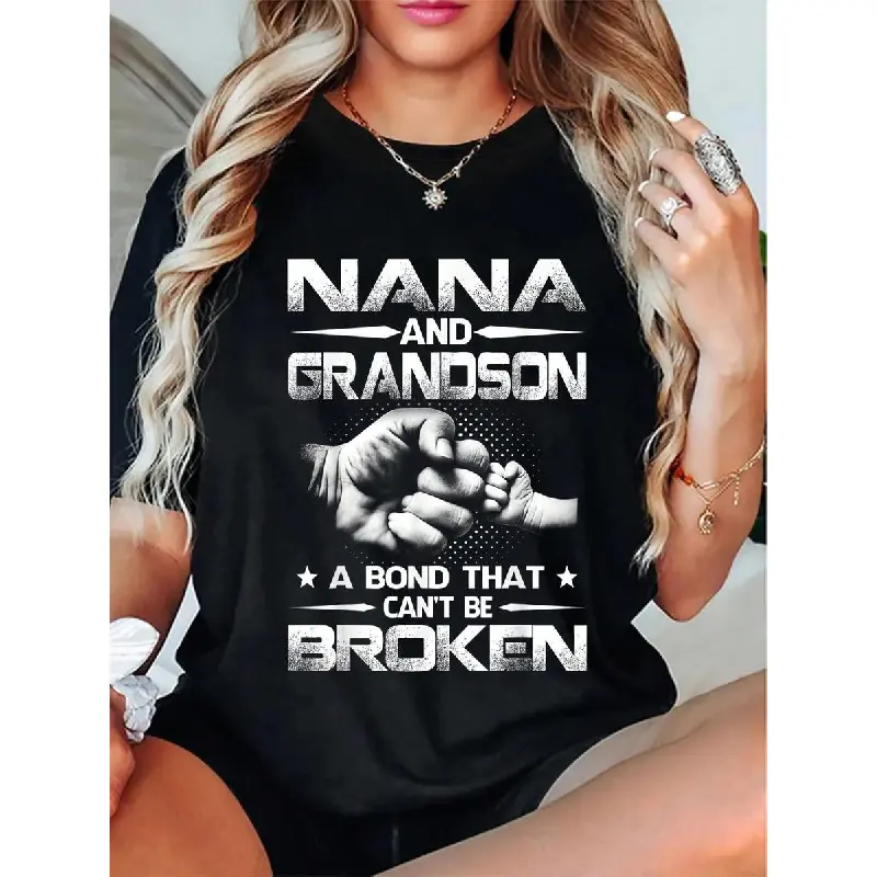 Women's Nana and Grandson Graphic T-Shirt, Casual Fitted Short Sleeve Top in 100% Cotton, Fun Party Tee for Grandmothers, As Photos