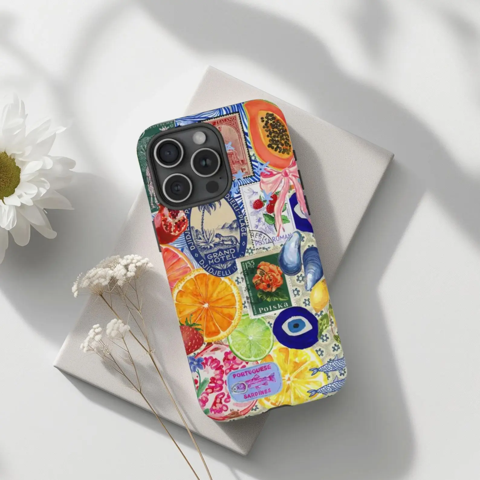Tomato Girl Summer Aesthetic Tough Case | Mediterranean Collage Vintage Stamp & Citrus Design for IP Phone 16, 15, 14, 13, 12, 11 Pro Max, Plus, SE, 8, 7