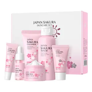 Japanese Cherry Blossom Sunscreen Six-Piece Moisturizing UV Hydrating Facial Care Set, Skin Care Kit, Includes Cleanser, Toner, Serum, Eye Cream, Moisturizer, SPF Cream, Hydrate, Moisture, Sun Protection