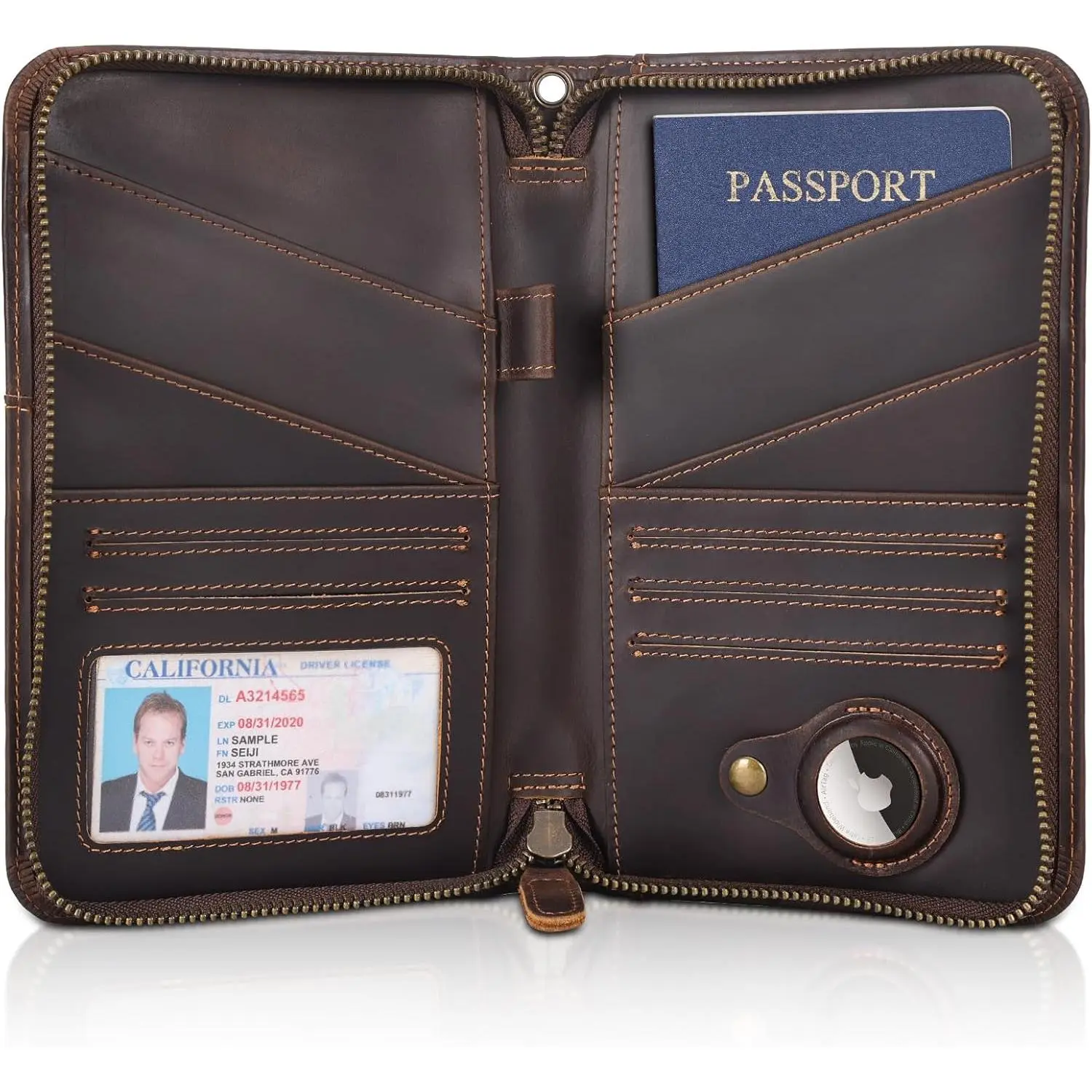 Durable Full Grain Napa Leather Passport Holder for Family Travel, Wallet Organizer for Men & Women, Holds 6 Passports, RFID Blocking with AirTag Slot, Rfid Shielded, Travel Must Haves, Passport Protector, Zipper
