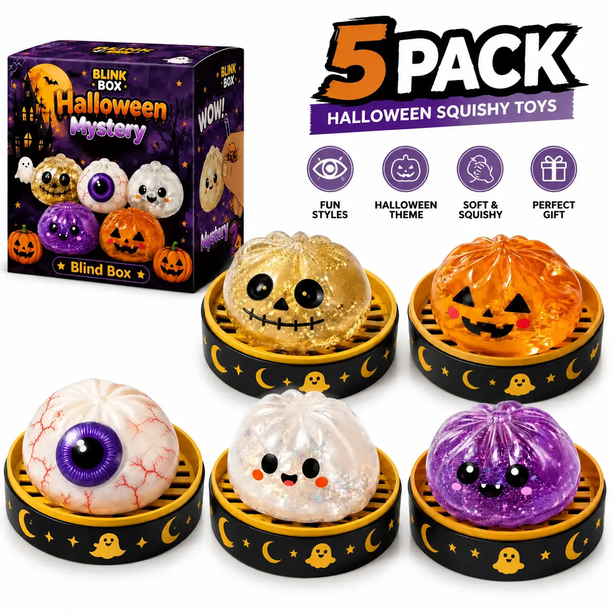 5PCS Halloween Squishy Toys Set, Cute Pumpkin Sensory Stress Relief Fidget Toys, Soft Slow Rising Squeeze Toys for Kids Adults, Spooky Party Favors Halloween Gifts