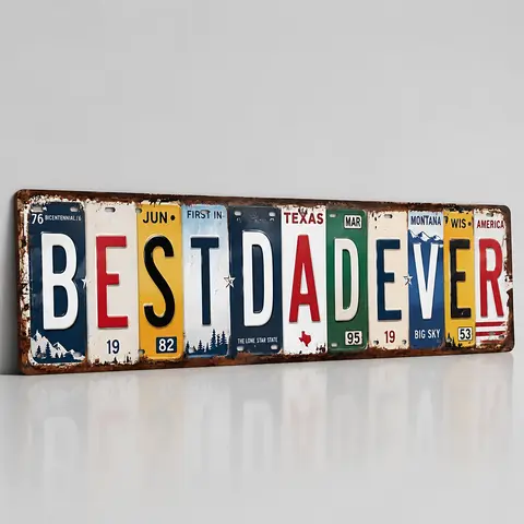 1950s Retro Casual Metal Aluminium Sign - 4x16in Americana License Plate-Style "Best Dad Ever", Hangable Rustic Plaque Decor, Man Cave Decor Items, Bar & Home Garage Wall Art, Father’s Day Gift for Men