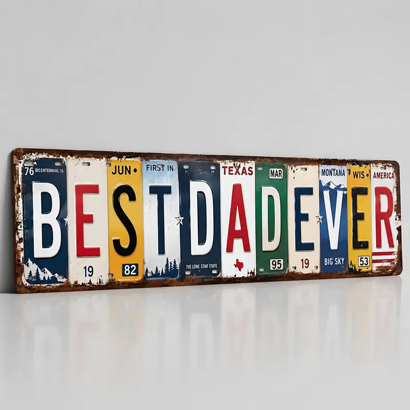 1950s Retro Casual Metal Aluminium Sign - 4x16in Americana License Plate-Style "Best Dad Ever", Hangable Rustic Plaque Decor, Man Cave Decor Items, Bar & Home Garage Wall Art, Father’s Day Gift for Men