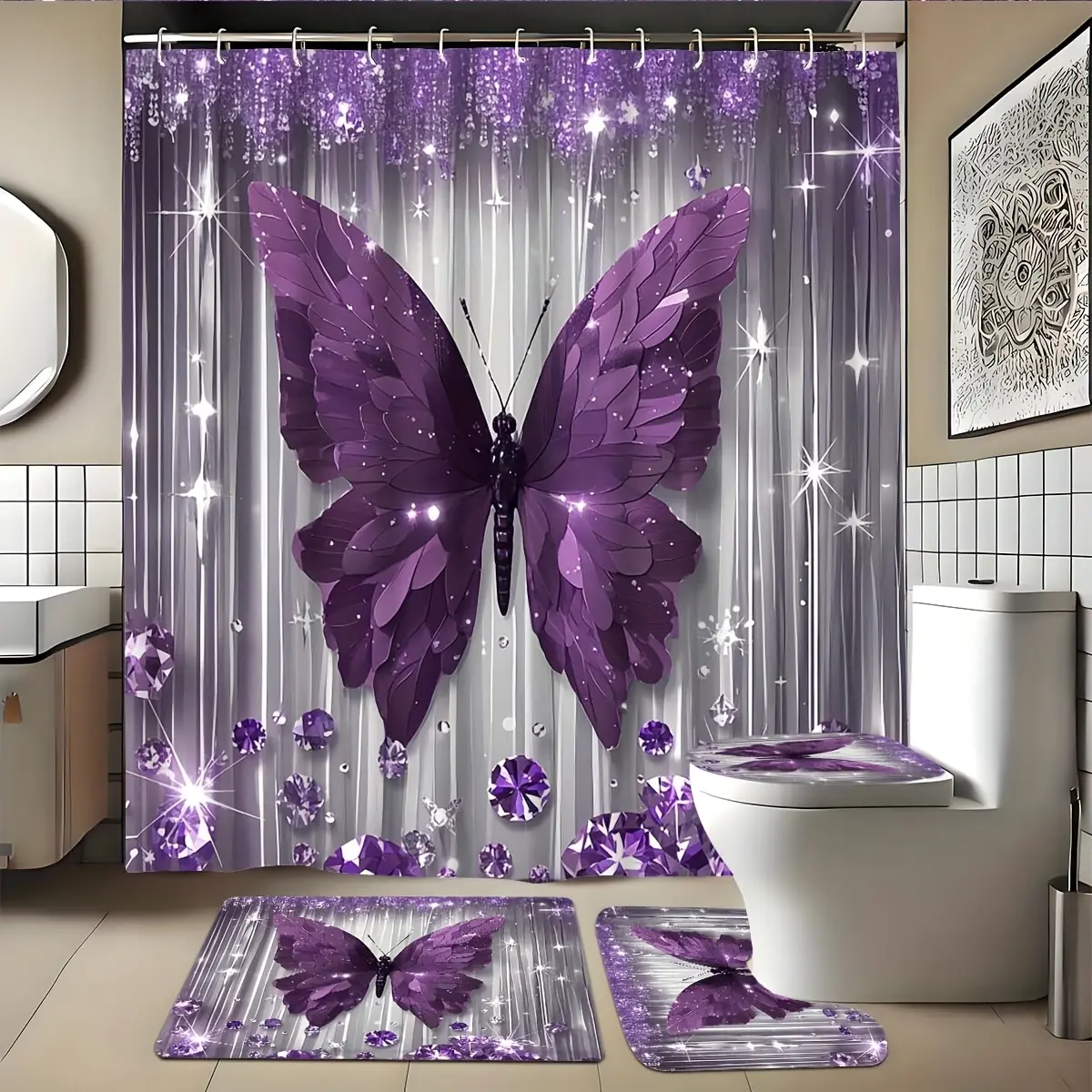 Retro Vintage Print Waterproof Fabric Bath Curtain Set (1pc/4pcs Options) - Home Bathrooms Wall Mounted Room Accessory, 1pc Shower Curtain, Non-Slip U-Shaped Toilet Seat Cover, Polyester Nylon Blend, Machine-Washable, 12 Durable Hooks, 70.8x70.8in