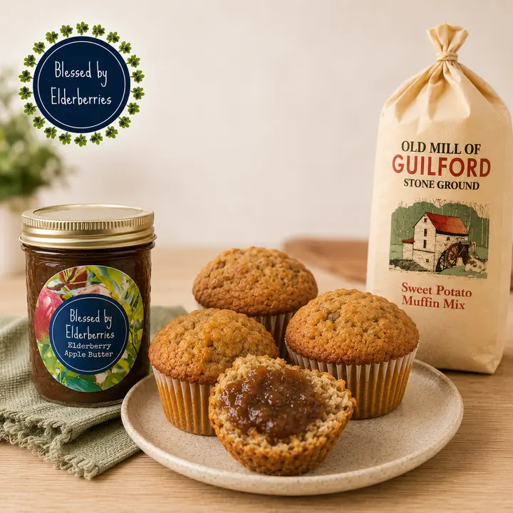 Afterschool Snack Back to School Bundle, 2lb Sweet Potato Muffin Mix, 8oz Elderberry Apple Butter, 8oz Elderberry Beverage Enhancer