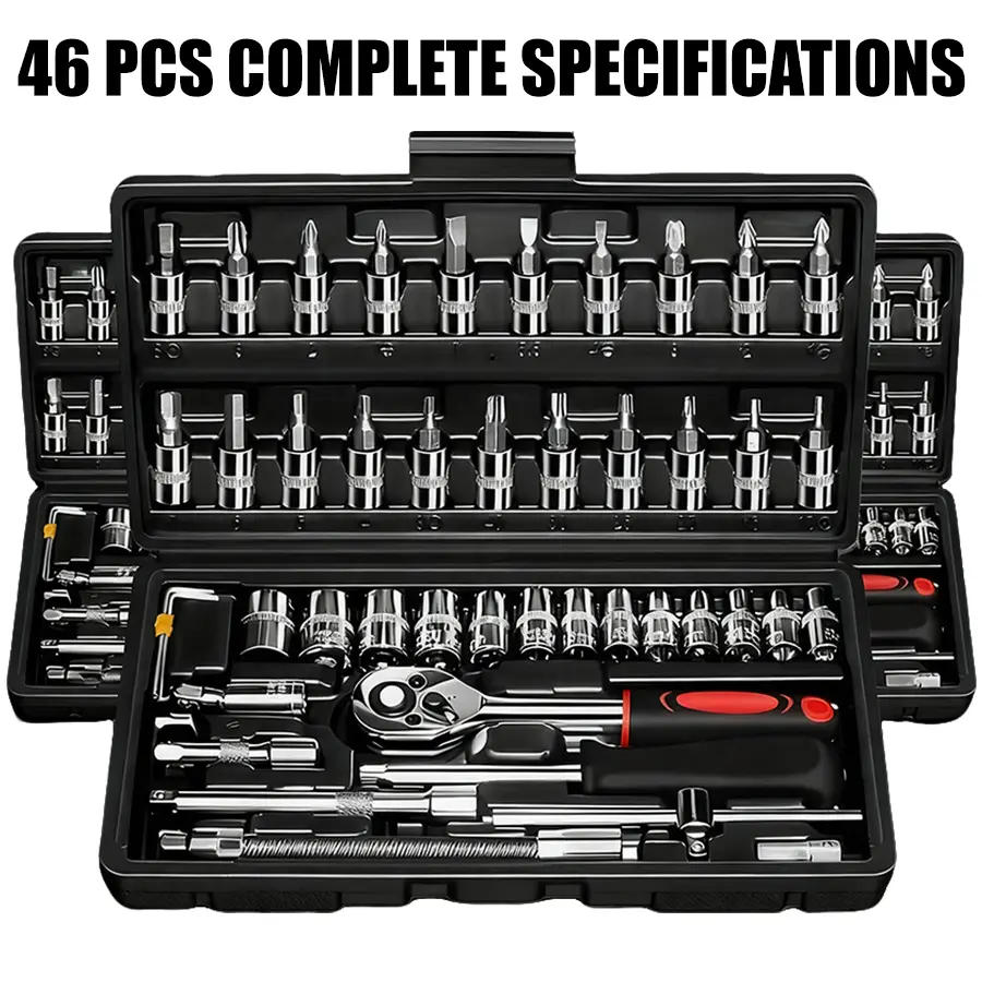 Multi-Purpose 1/4 Inch Drive Socket Ratchet Wrench Set, 46 Pieces Socket Set with Bit Socket Set Metric and Extension Bar for Car Bicycle Motorcycle Repair and Home Use with Storage Case Tool Kit