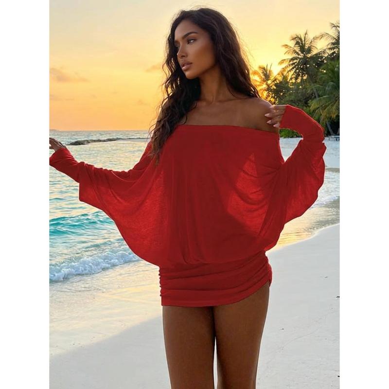Women's Sheer Ruched Party Dress, Off-The-Shoulder Long Sleeve Women's Mini Dress for Spring & Fall