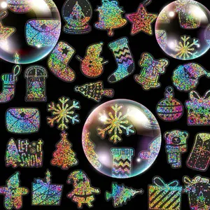 100 pcs Cute Christmas Holographic Stickers for Water Bottles Laptop Luggage Journaling Craft Project Beautiful Waterproof Vinyl Decals for Kids Teens Adults diy decorative Xmas Vinyl Decal