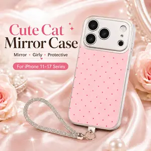 Cute Cat Mirror Smartphone Case with Wrist Strap, Shockproof Girly Casing for iPhone 11-17 Pro Max - Handheld Cellphone Accessories