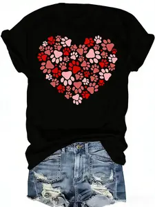 Plus Size Women's Valentine T-Shirt, Gray Heart & Paw Print, Crew Neck Short Sleeve, Pet Lover Wear, 1XL-5XL