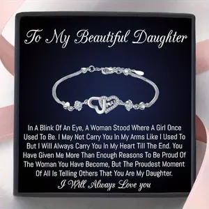 To My daughter, Birthday Gift From Mom and Dad，daughter Love Heart Bracelet Gift, Birthday Gift, Christmas Gift, Gift Card With Text And Gift Box Packaging.