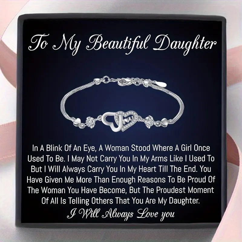 To My daughter, Birthday Gift From Mom and Dad，daughter Love Heart Bracelet Gift, Birthday Gift, Christmas Gift, Gift Card With Text And Gift Box Packaging.