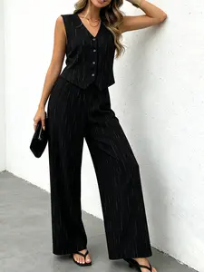 Two piece set of women's fashionable light and mature Fitted commuting suit with sleeveless vest and high waisted wide leg pants, suitable for summer, daily commuting to work, shopping, traveling, and casual temperament