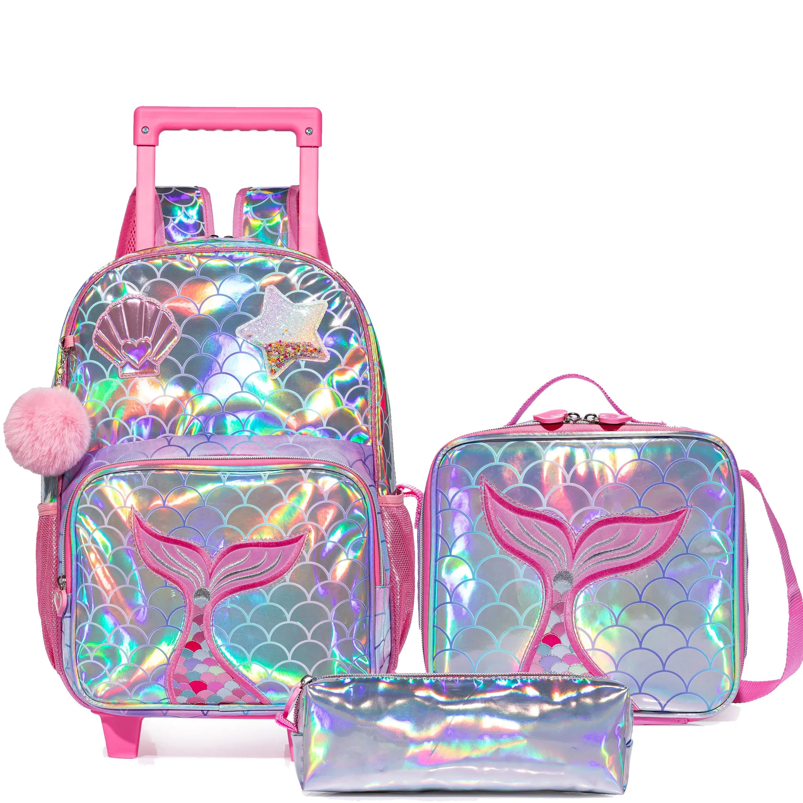 3-Piece Kids Iridescent Mermaid Rolling Backpack Set | Holographic Silver Scale School Bookbag with Lunch Box & Pencil Case | Multifunctional Wheeled Trolley Bag for Girls