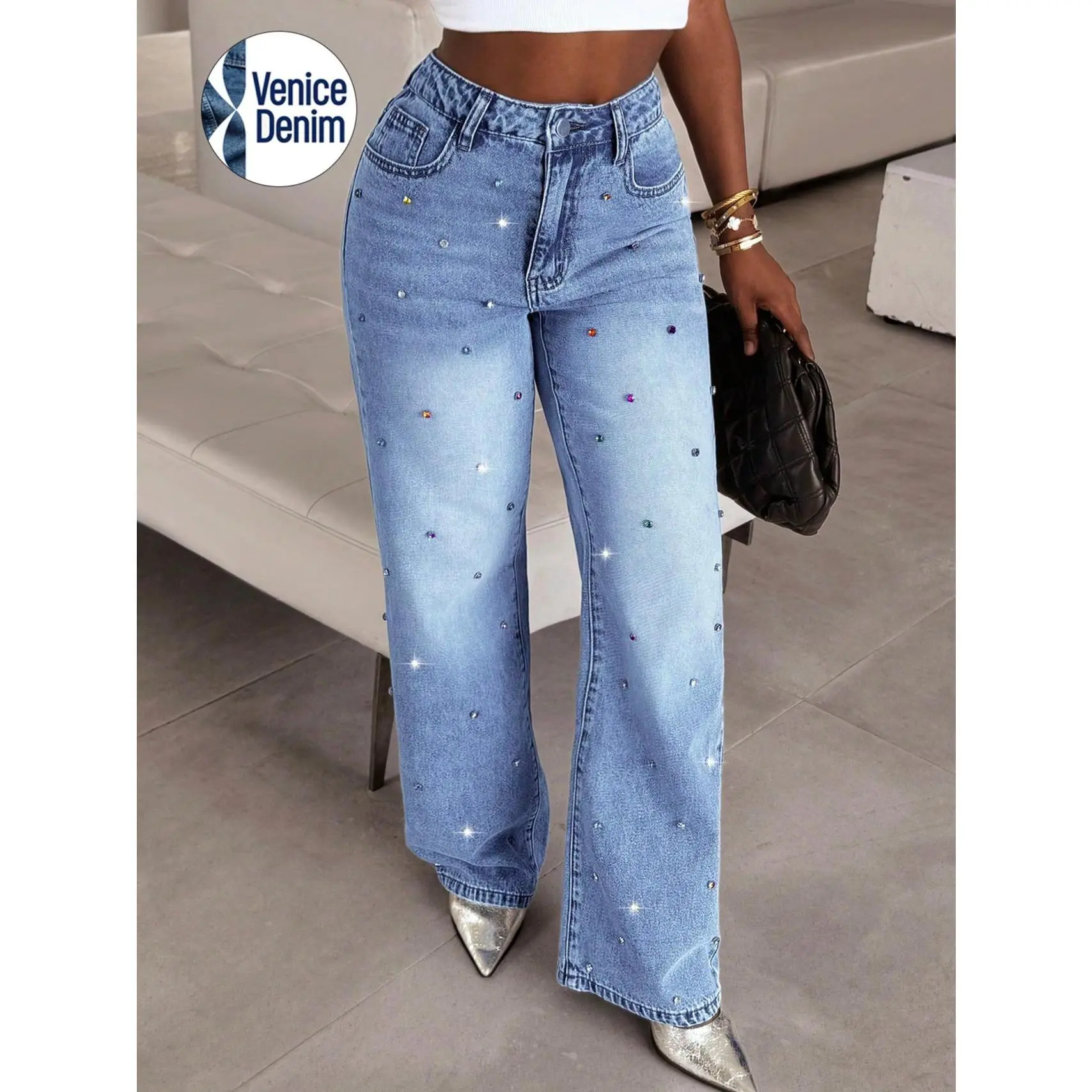 Women's Straight Wide Leg Denim Jeans with Rhinestone Embellished - Colorful Gem Studded, Rhinestone Stacked, Button Front, Rhinestone Crystal Sparkle Decor, Glitter Chic Design, Casual Loose Fit Trouser, Pants, Mommy Streetwear Bottoms Light Blue