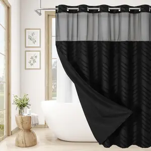 No Hooks Boho Black Shower Curtain Set with Snap-in Liner, Farmhouse Woven Fabric Tufted Chevron Striped Textured Shower Curtain, Modern Style with See Through Window 72 x 74