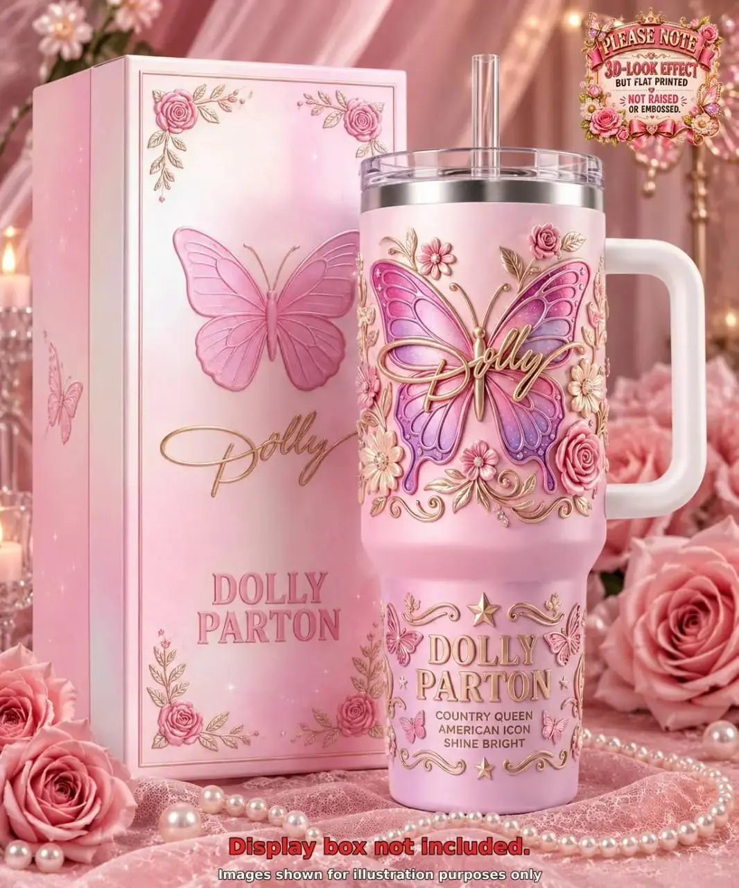 Dolly Parton 40oz Pink Butterfly Print Tumbler with Handle and Straw, Floral Vacuum Flask, Country Theme Kitchenware Drinkware, Fan Gift Idea (NOT 3D)