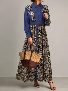 Women's Fashion Lapel Long Sleeve Loose Waist Cinched Leopard Patchwork Maxi Dress, Stylish, Elegant and Casual Wear Clothing Womenswear, Piece, Navy Blue, Casual Fashionable Dress
