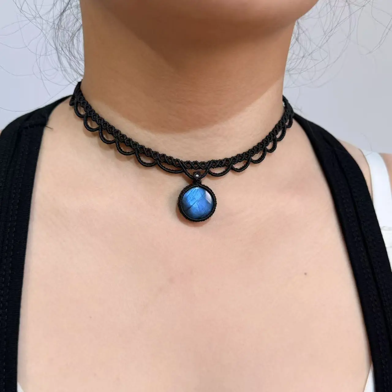 Handcrafted Labradorite Macrame Cord Necklace - Minimalist Bohemian Natural Crystal Pendant Jewelry, Custom Magic Stone Boho Ethnic Gift for Jewelry Enthusiasts, Bohemian Natural Crystal Necklaces & Pendants