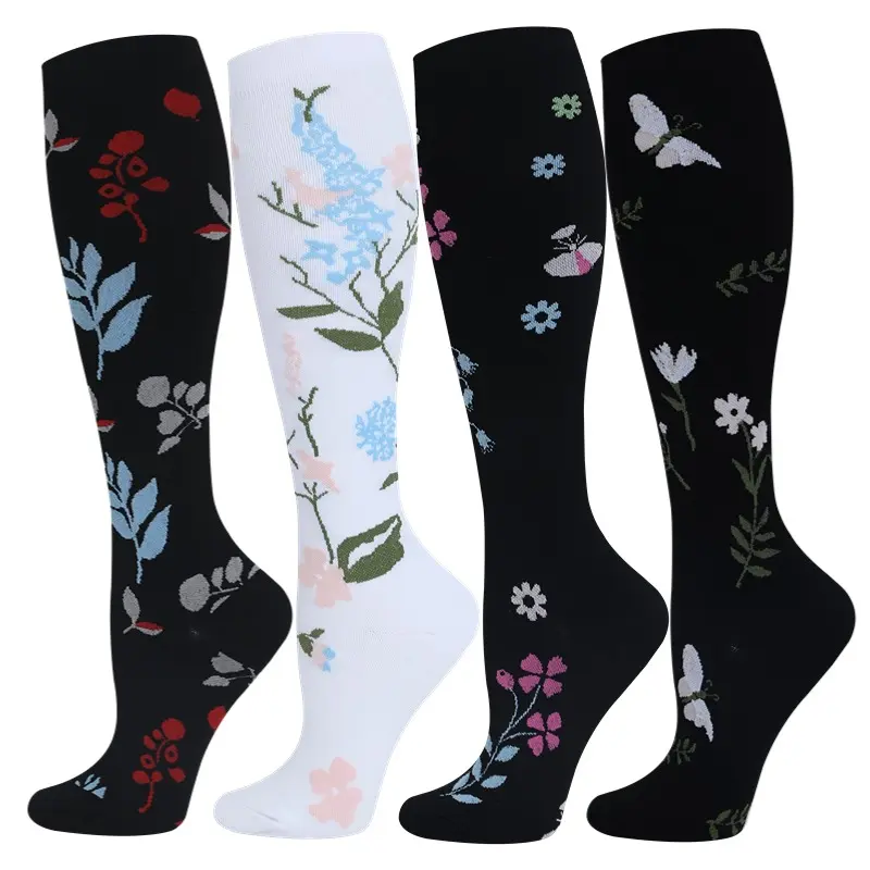 4 Pairs Floral Compression Socks for Women and Men, 15-20 mmHg Knee High Support Socks, Lightweight Breathable Knit for Nurses, Travel, Walking, Standing, Office and Daily Wear