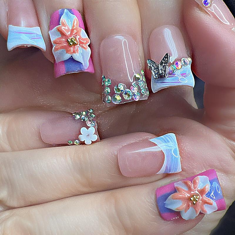 Butterfly & Floral Rhinestone Press On Nails 3D Flower Art Crystal Edges Nude Pink Floral Nail Set Handmade Luxury Nails with Iridescent Bands & Butterfly Charms