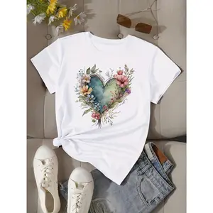 Heart Print T-shirt, Short Sleeve Crew Neck Casual Top For Summer & Spring, Women's Clothing