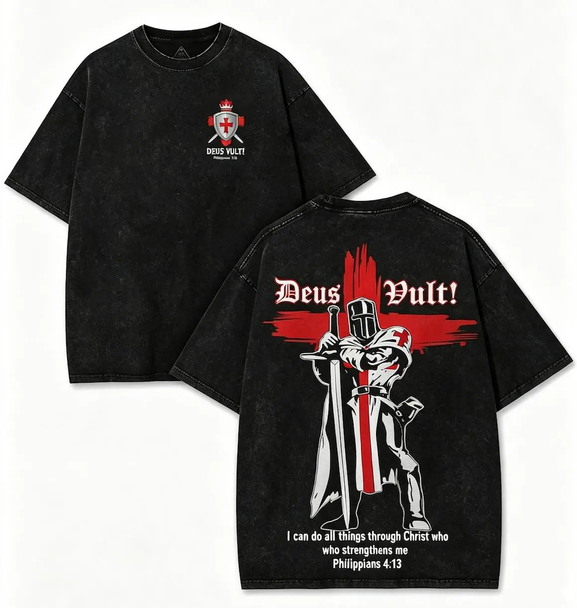 Deus Vult Washed Tee - Medieval Christian Streetwear - Crusader Knight & Philippians 4:13 Design Punk Style Streetwear Goth Style