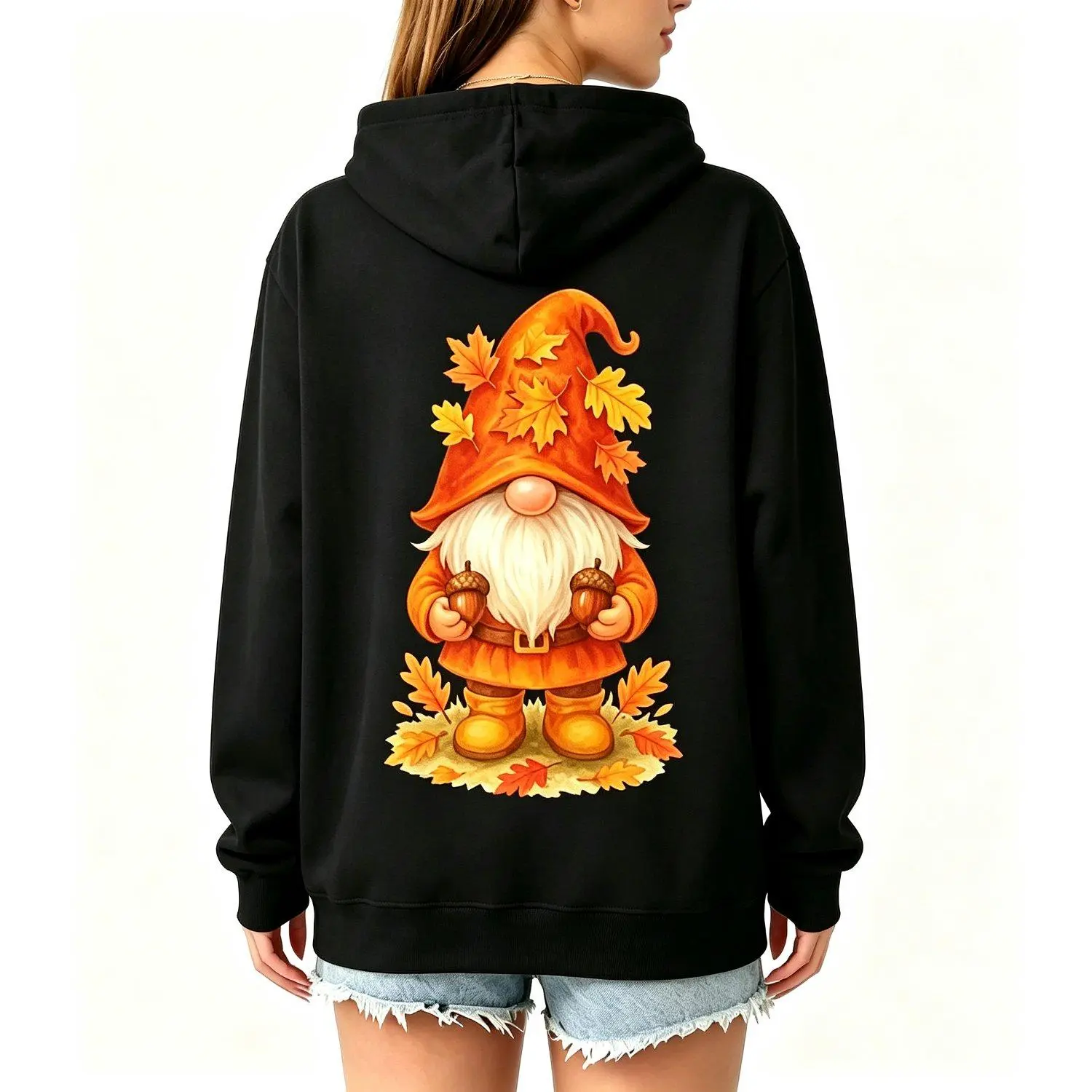 Hoodie Sweatshirt Autumn Gnome with Acorns Charming Fall Gnome Thanksgiving Leaf Graphic Pullover Casual Cozy Seasonal Apparel