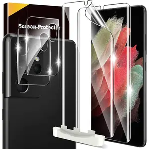 [2+2 Pack] Compatible for Samsung Galaxy S21 Ultra 5G 6.8-inch, Flexible TPU Screen Protector and Glass Camera Lens Protector[Support Fingerprint Reader] [Easy Installation] Case Friendly