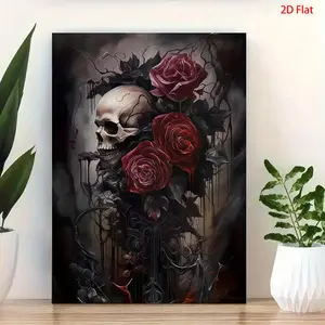 Gothic Style Skull and Rose Wall Art Painting - Dark Academia Style, High-Definition Canvas Decorative Painting 11.8* 15.7inch (30* 40cm ) with Wooden Framing -- Modern Home Decor, Can Be Directly Hung in Living Room, Bedroom