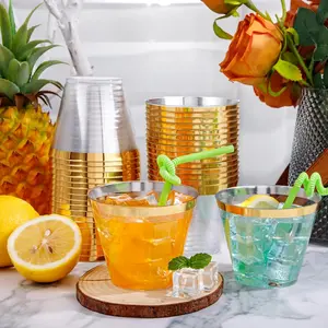 200 Pack Gold Plastic Cups, 9 Oz Elegant Clear Plastic Cups Gold Rimmed Disposable Wine Glasses Fancy Disposable Party Cups Wedding Cups Drinking Tumblers Plastic Cocktail Glasses with Gold Rim Christmas