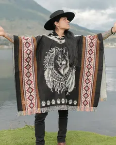 Unisex Alpaca Wool Poncho - Wolf Dreamcatcher Jackets