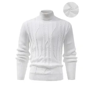 KZZ Men's Textured Drop Shoulder Turtle Neck Sweater Casual Regular Fit Long Sleeve Knitwear for Fall & Winter Menswear Plain White christmas gifts for him