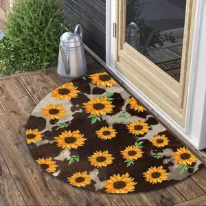 1pc Sunflower Design Semi-Circular Floor Mat - Soft Non-Slip Washable Mat with BrownBlooming Yellow Sunflowers, Durable All-Season Indoor/Outdoor Mat for Entrance Door, Porch, Bathroom, Living Room, Laundry - Easy Clean Hand Washable Mat