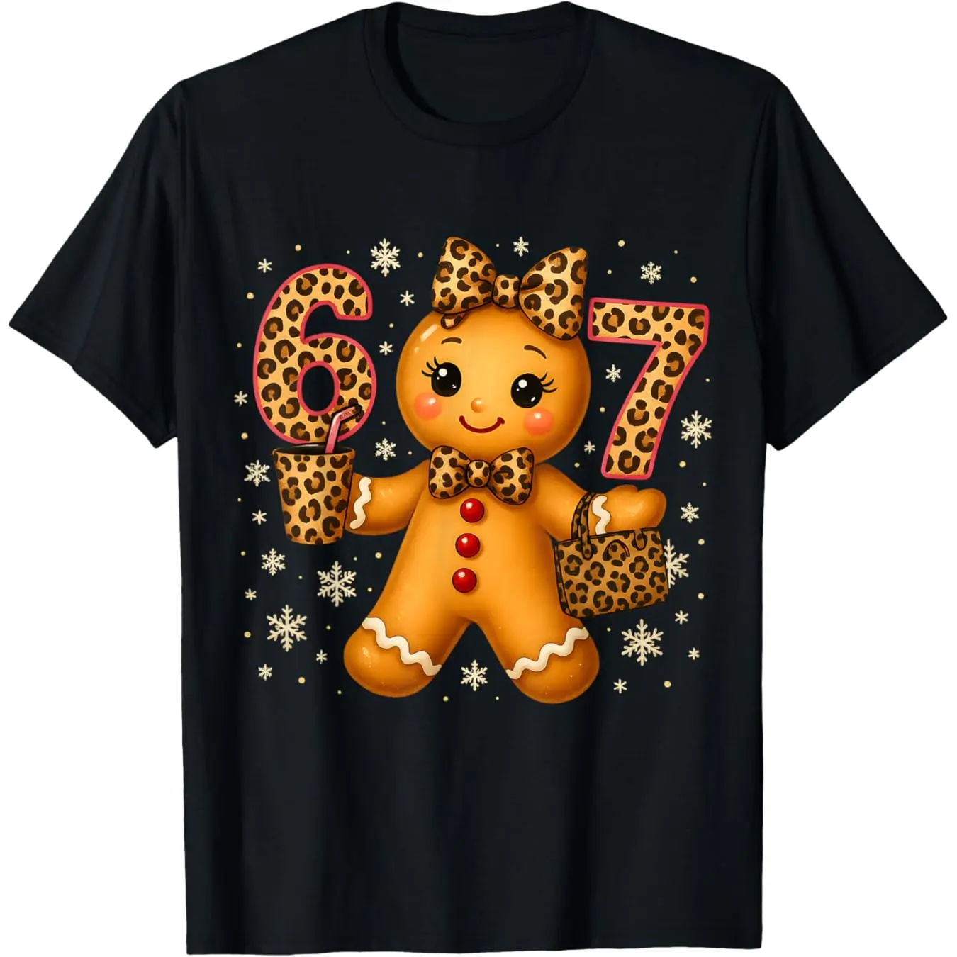 Funny 6-7 Christmas Leopard Bow Gingerbread Girls Women's T-Shirt Tshirt Men's Clothing