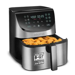 Gourmia 8 Qt Square Air Fryer, 12 Presets with Digital Display, FryForce 360° Technology, Large Capacity Family Sized Black