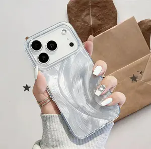 Silver Feather Swirl Textured Smartphone Case - Shiny Iridescent Abstract Art, Shockproof, Glossy Fingerprint-Resistant, Aesthetic Sleek Protection for iPhone 13/14/15/16/17 Pro Max Plus, Cellphone Cover, Mobile Phone Accessories, Tech Accessories